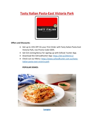 15% Off - Tasty Italian Pasta - Takeaway East Victoria Park, WA