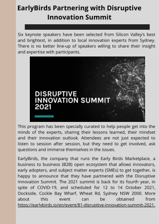 EarlyBirds Partnering with Disruptive Innovation Summit