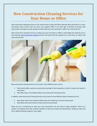 New Construction Cleaning Services for Your Home or Office