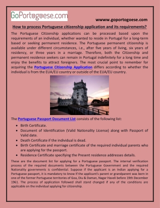 How to process Portuguese citizenship application and its requirements?