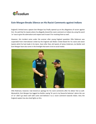 Eoin Morgan Breaks Silence on His Racist Comments against Indians