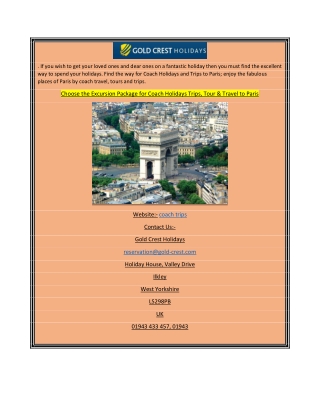 Choose the Excursion Package for Coach Holidays Trips, Tour & Travel to Paris