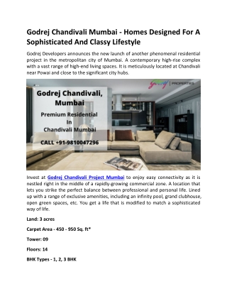 Godrej Chandivali Mumbai - Homes Designed For A Sophisticated And Classy Lifestyle