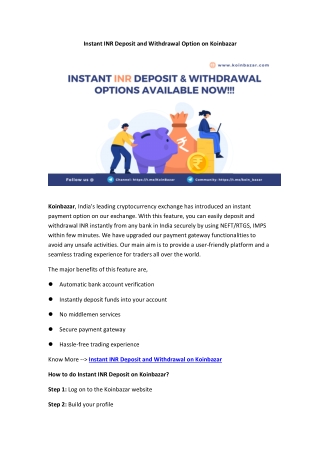 Koinbazar Introduces Instant INR Deposit and Withdrawal Features
