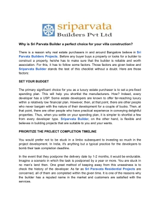 Why is Sri Parvata Builder a perfect choice for your villa construction