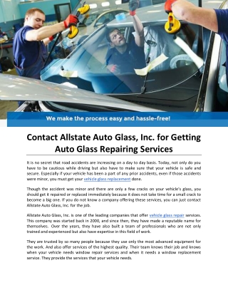 Contact Allstate Auto Glass, Inc. for Getting Auto Glass Repairing Services