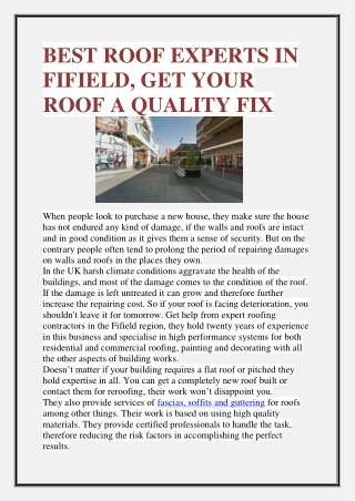 BEST ROOF EXPERTS IN FIFIELD, GET YOUR ROOF A QUALITY FIX