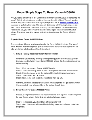 Know Simple Steps To Reset Canon MG3620