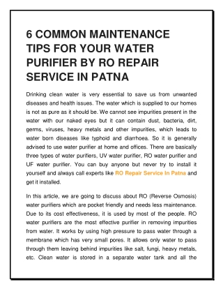 6 COMMON MAINTENANCE TIPS FOR YOUR WATER PURIFIER BY RO REPAIR SERVICE IN PATNA