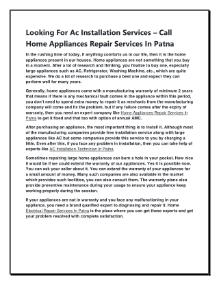 LOOKING FOR AC INSTALLATION SERVICES – CALL HOME APPLIANCES REPAIR SERVICES IN PATNA