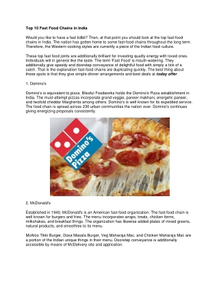 Top 10 Fast Food Chains in India