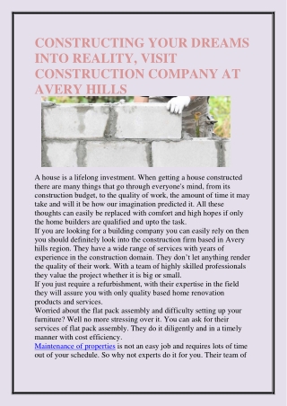 CONSTRUCTING YOUR DREAMS INTO REALITY, VISIT CONSTRUCTION COMPANY AT AVERY HILLS