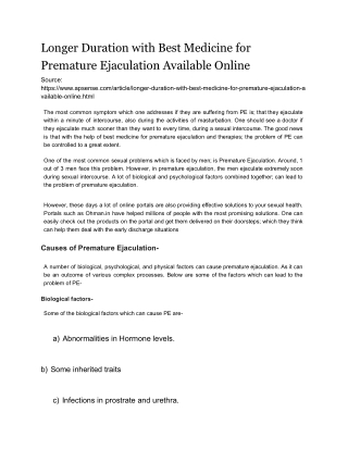 Longer Duration with Best Medicine for Premature Ejaculation Available Online