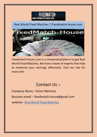 Real World Fixed Matches | Fixedmatch-house.com