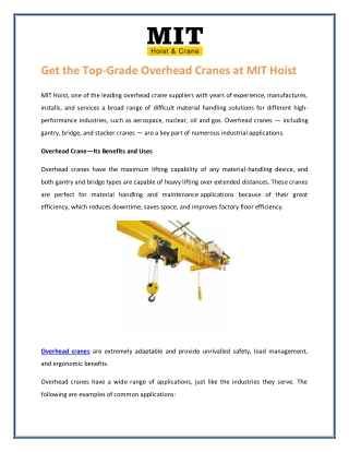 Get the Top-Grade Overhead Cranes at MIT Hoist