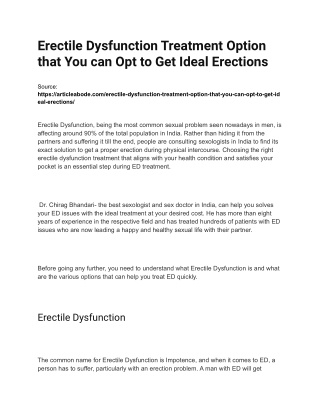 Erectile Dysfunction Treatment Option that You can Opt to Get Ideal Erections