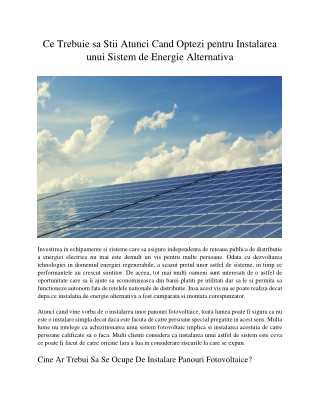 Ce Trebuie sa Stii Atunci Cand Optezi pentru Instalarea unui Sistem de Energie Alternativa