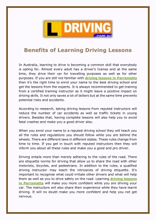 Benefits of Learning Driving Lessons