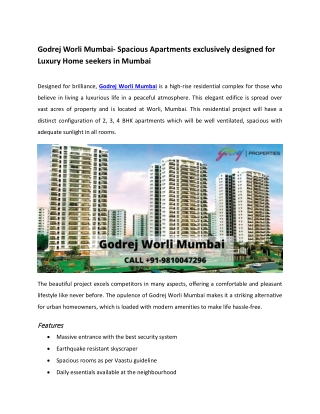 Godrej Worli Mumbai- Spacious Apartments exclusively designed for Home seekers