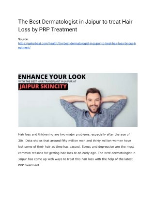 The Best Dermatologist in Jaipur to treat Hair Loss by PRP Treatment