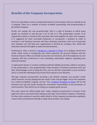 Benefits of the Company Incorporation