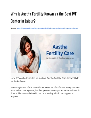 Why is Aastha Fertility Known as the Best IVF Center in Jaipur