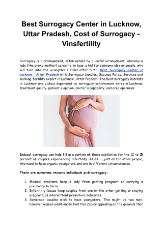 Best Surrogacy Center in Lucknow, Uttar Pradesh,  Cost of Surrogacy - Vinsfertility