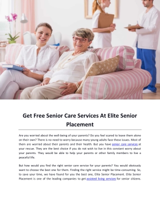 Get Free Senior Care Services At Elite Senior Placement