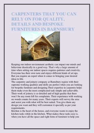 CARPENTERS THAT YOU CAN RELY ON FOR QUALITY, DETAILS AND BESPOKE FURNITURES IN BARNSBURY