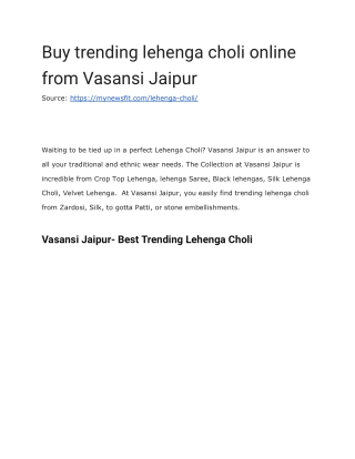 Buy trending lehenga choli online from Vasansi Jaipur