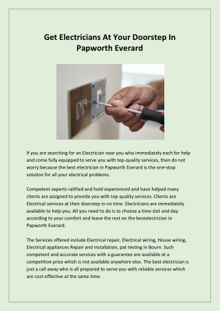 Get Electricians At Your Doorstep In Papworth Everard