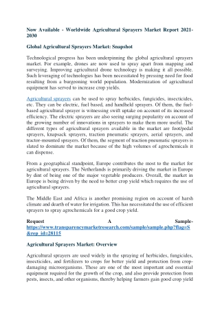 Now Available - Worldwide Agricultural Sprayers Market Report 2021-2030