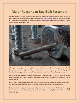 Major Reasons to Buy Bulk Fasteners