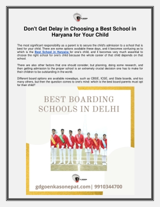 Don't Get Delay in Choosing a Best School in Haryana for Your Child