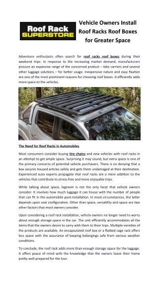 Vehicle Owners Install Roof Racks Roof Boxes for Greater Space