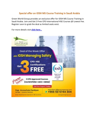 Special offer on IOSH MS Course Training in Saudi Arabia