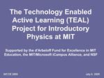 The Technology Enabled Active Learning TEAL Project for Introductory Physics at MIT