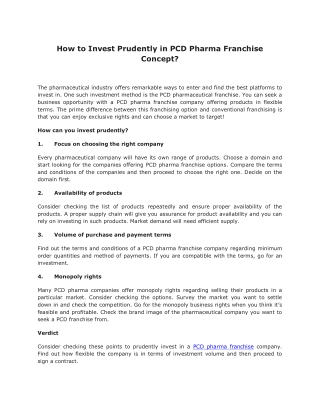 How to Invest Prudently in PCD Pharma Franchise Concept