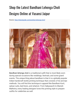 Shop the Latest Bandhani Lehenga Choli Designs Online at Vasansi Jaipur