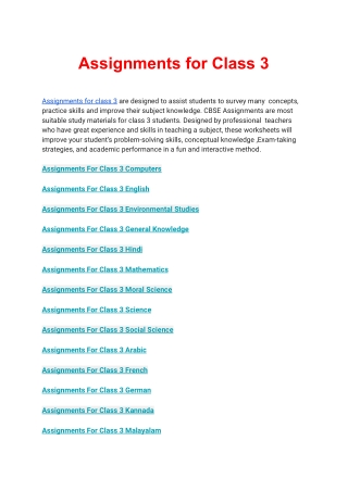 Assignments for class 3 all Subjects Free PDF Download