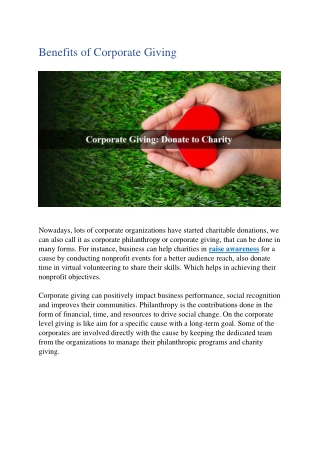 Benefits of Corporate Giving | Charity Giving