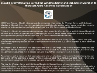 Cloud 9 Infosystems Has Earned the Windows Server and SQL Server Migration to Mi