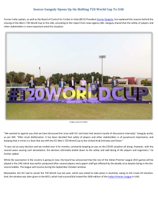 Sourav Ganguly Opens Up On Shifting T20 World Cup To UAE