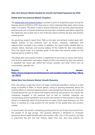 Aloe Vera Extracts Market Headed for Growth and Global Expansion by 2030