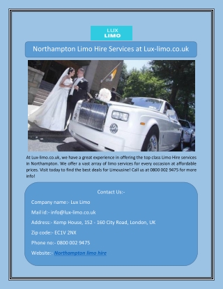 Northampton Limo Hire Services at Lux-limo.co.uk