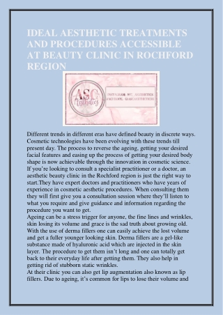 IDEAL AESTHETIC TREATMENTS AND PROCEDURES ACCESSIBLE AT BEAUTY CLINIC IN ROCHFORD REGION