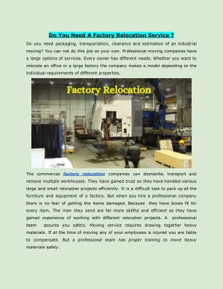 Do You Need A Factory Relocation Service ?