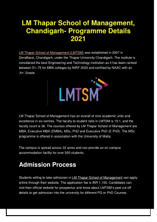 LM Thapar School of Management, Chandigarh- Programme Details 2021