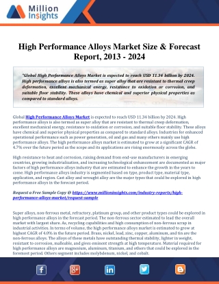 High Performance Alloys Market is expected to reach USD 11.34 billion by 2024