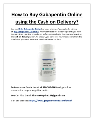How to Buy Gabapentin Online using the Cash on Delivery?